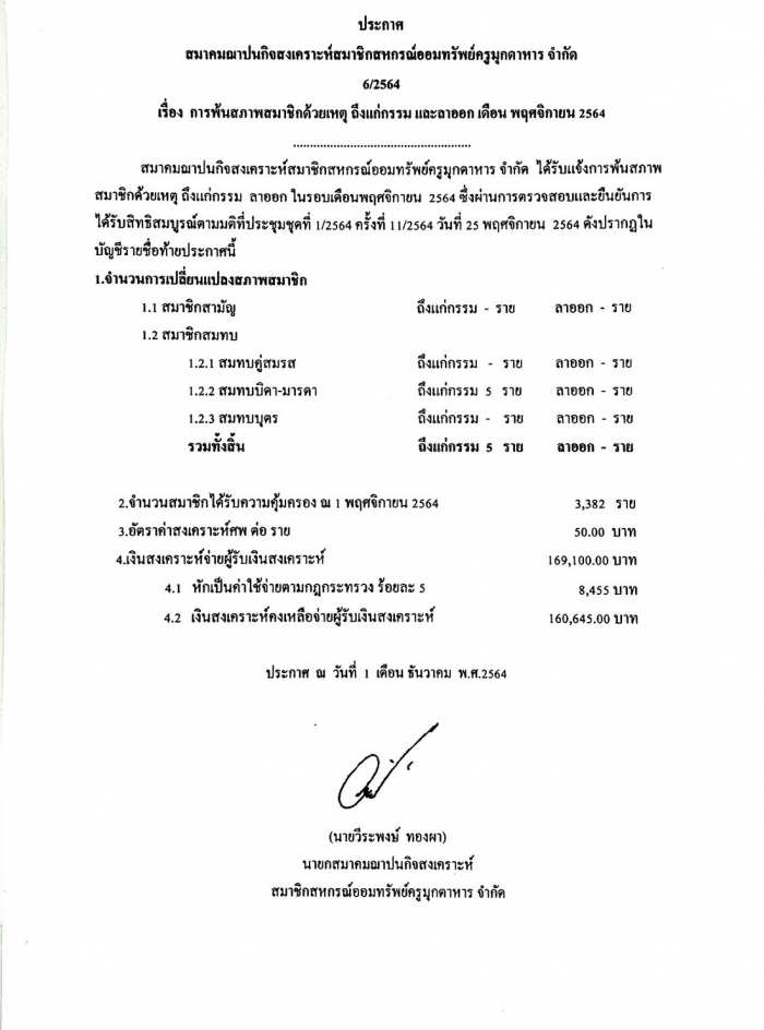 ประกาศ สมาคมฌาปนกิจสงเคราะห์สมาชิกสหกรณ์ออมทรัพย์ครูมุกดาหาร จำกัด